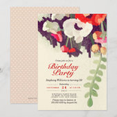 Rustic Red White Floral Art Birthday Party Invite Kaart (Voorkant / Achterkant)