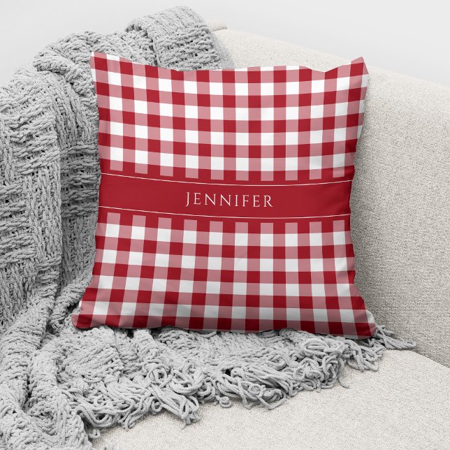 Rustic Red & White Gingham Pattern Name Throw Kussen (Creator heeft geüpload)