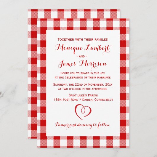Rustic Red White Pset Gingham Country Weddenschap Kaart (Voorkant / Achterkant)