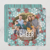 Rustic Red & White Snowflakes Foto Feestdagenkaart (Voorkant / Achterkant)