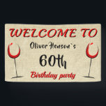 Rustic Red Wine Glass 60th Birthday Party Spandoek<br><div class="desc">Rustic Red Wine Glass 60th Birthday Party Banner. 60ste verjaardagsbanner. Banner met een rood abstract wijnglas op een roestbeige achtergrond. De tekst is in zwarte en rode kleuren en is volledig aanpasbaar - personaliseer de tekst met jouw naam, leeftijd. U kunt om het even welke tekst op de banner veranderen....</div>