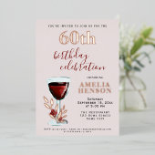 Rustic Red Wine Glass Roos Botanisch 60e verjaarda Folie Uitnodiging (Staand Voorkant)