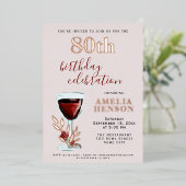 Rustic Red Wine Glass Roos Botanisch 80e verjaarda Folie Uitnodiging (Staand Voorkant)