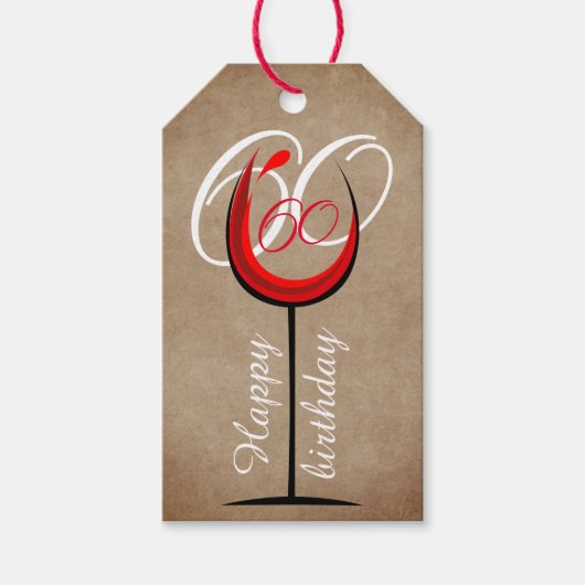 Rustic Red Wine Glass Script 60th Birthday Cadeaulabel (Voorkant)