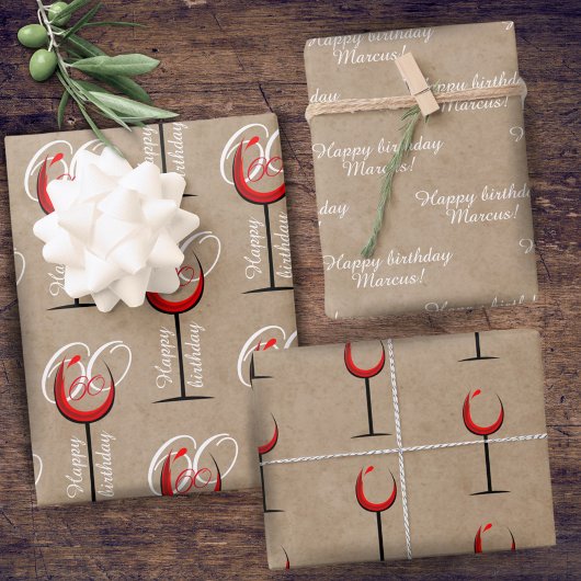 Rustic Red Wine Glass Script 60th Birthday Gift Inpakpapier Vel
