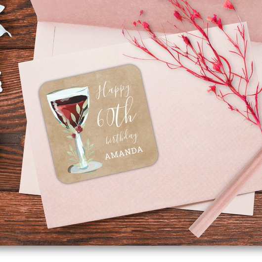 Rustic Red Wine Roos Waterverf 60e verjaardag Vierkante Sticker