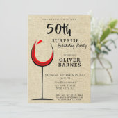 Rustic Red Wine Surprise 50th Birthday Party Kaart (Staand voorkant)