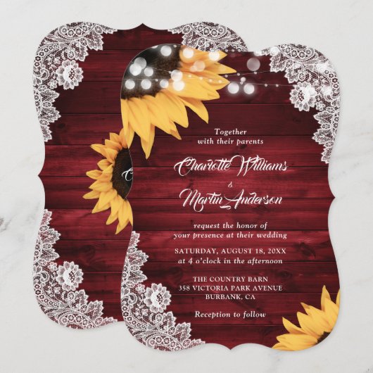 Rustic Red Wood Lace Sunflower Wedding Kaart (Voorkant / Achterkant)