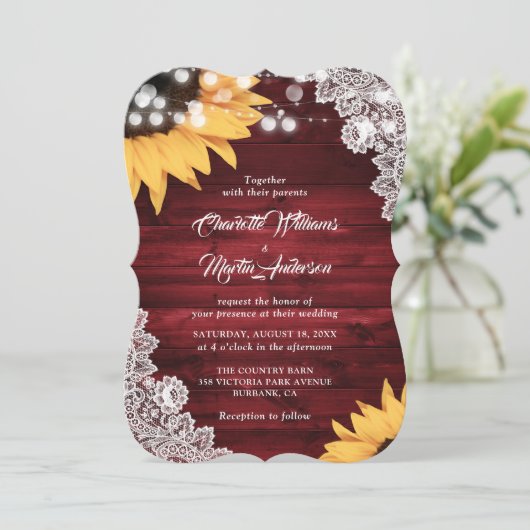 Rustic Red Wood Lace Sunflower Wedding Kaart (Staand voorkant)