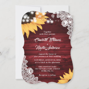 Rustic Red Wood Lace Sunflower Wedding Kaart