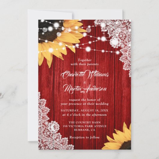 Rustic Red Wood Lace Sunflower Wedding Kaart (Voorkant)