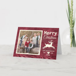 Rustic Red Wood Reindeer Christmas Family Photo Feestdagen Kaart