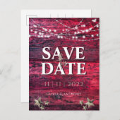 Rustic Red Wood String Lights bruiloft bewaart de  Aankondigingskaart (Voorkant / Achterkant)