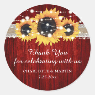 Rustic Red Wood Sunflower Weddenschap Ronde Sticker