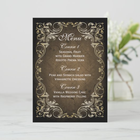 Rustic Regal Ornamental Brown and Gold Wedding Menu (Staand voorkant)