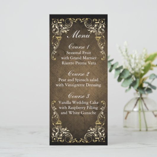 Rustic Regal Ornamental Brown and Gold Wedding Menu (Staand voorkant)