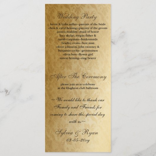 Rustic Regal Ornamental Brown and Gold Wedding Programmakaart (Achterkant)