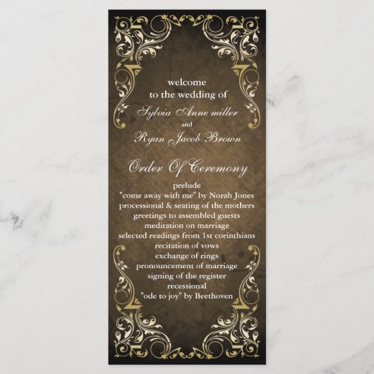 Rustic Regal Ornamental Brown and Gold Wedding Programmakaart (Voorkant)