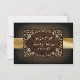 Rustic Regal Ornamental Brown and Gold Wedding RSVP Kaartje