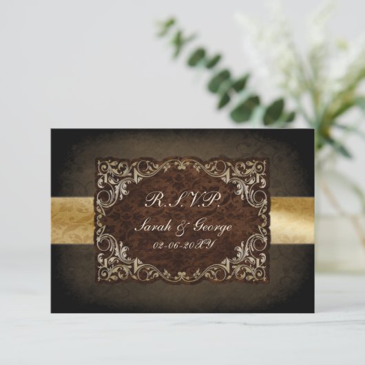 Rustic Regal Ornamental Brown and Gold Wedding RSVP Kaartje (Staand voorkant)