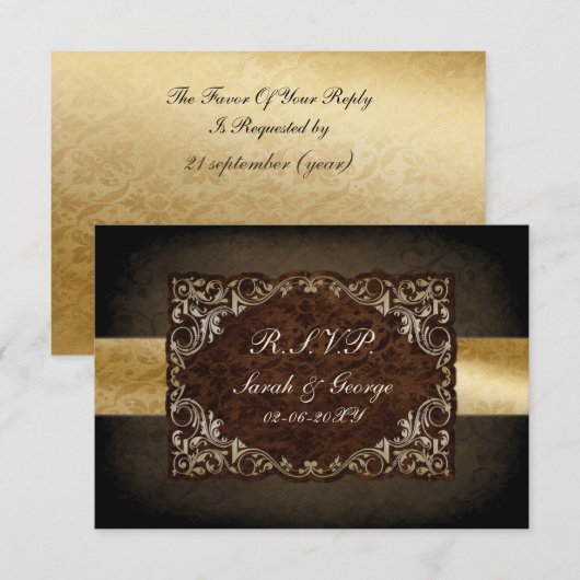 Rustic Regal Ornamental Brown and Gold Wedding RSVP Kaartje (Voorkant / Achterkant)