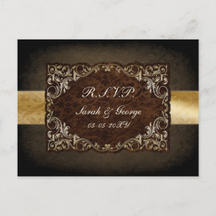Rustic Regal Ornamental Brown and Gold Wedding Uitnodiging Briefkaart
