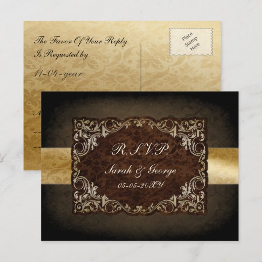 Rustic Regal Ornamental Brown and Gold Wedding Uitnodiging Briefkaart (Voorkant / Achterkant)