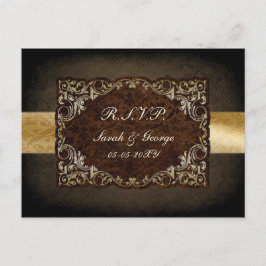 Rustic Regal Ornamental Brown and Gold Wedding Uitnodiging Briefkaart