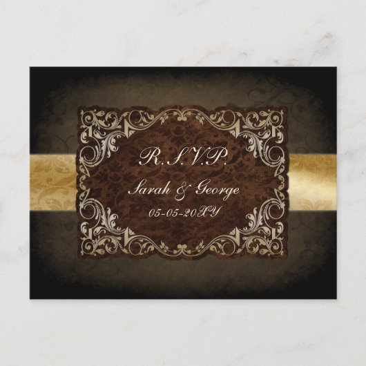 Rustic Regal Ornamental Brown and Gold Wedding Uitnodiging Briefkaart (Voorkant)