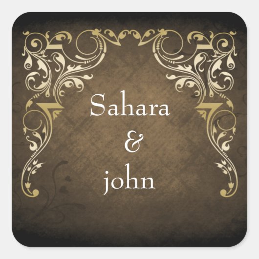 Rustic Regal Ornamental Brown and Gold Wedding Vierkante Sticker (Voorkant)
