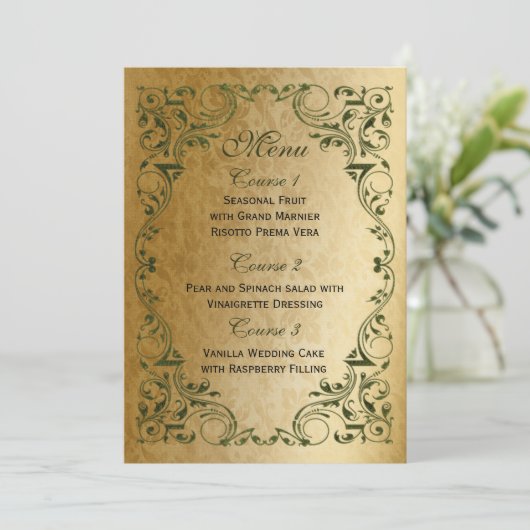 Rustic Regal Ornamental Green and Gold Wedding Menu (Staand voorkant)