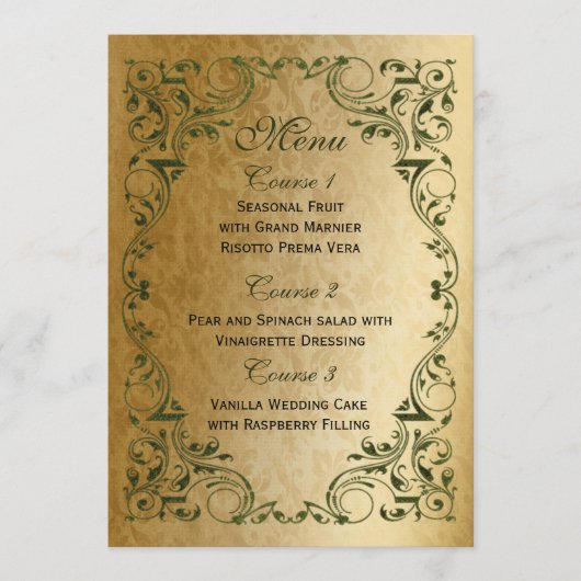 Rustic Regal Ornamental Green and Gold Wedding Menu (Voorkant)