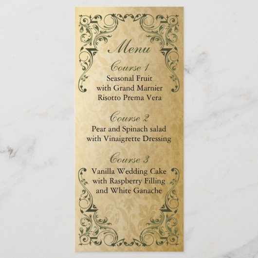 Rustic Regal Ornamental Green and Gold Wedding Menu (Voorkant)