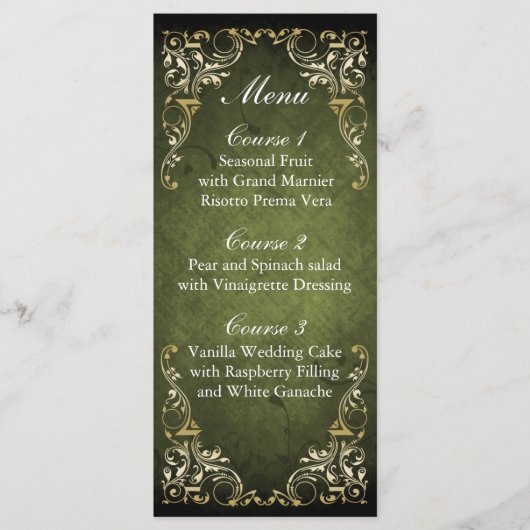 Rustic Regal Ornamental Green and Gold Wedding Menu (Voorkant)