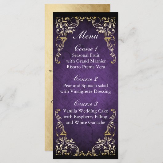 Rustic Regal Ornamental Paars and Gold Wedding Menu (Voorkant / Achterkant)