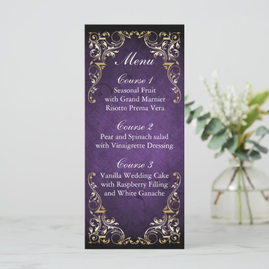 Rustic Regal Ornamental Paars and Gold Wedding Menu (Staand voorkant)