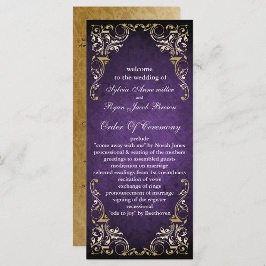 Rustic Regal Ornamental Paars and Gold Wedding Programmakaart (Voorkant / Achterkant)