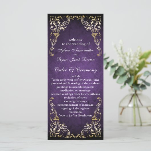 Rustic Regal Ornamental Paars and Gold Wedding Programmakaart (Staand voorkant)