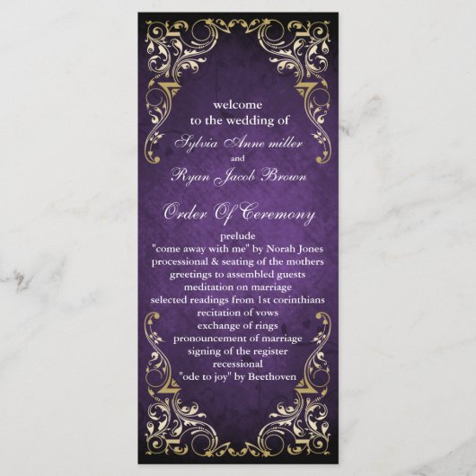 Rustic Regal Ornamental Paars and Gold Wedding Programmakaart (Voorkant)