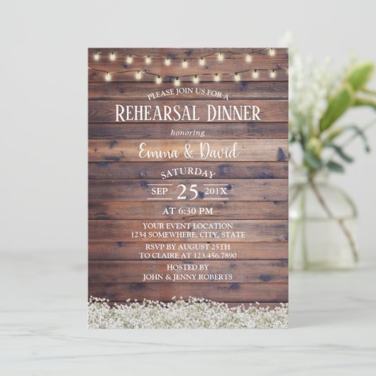 Rustic Rehearsal Dinner Baby's Breath String Light Kaart (Staand voorkant)