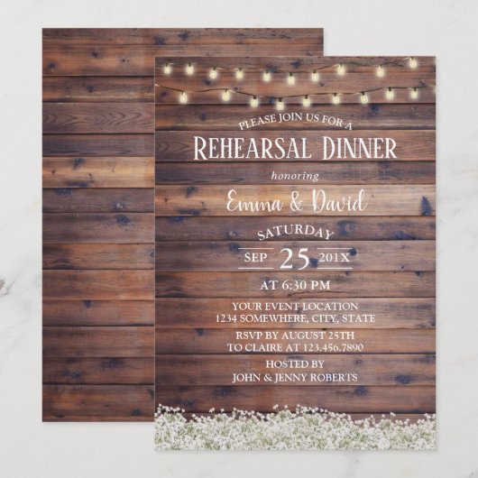Rustic Rehearsal Dinner Baby's Breath String Light Kaart (Voorkant / Achterkant)