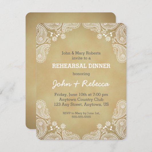 Rustic Rehearsal Dinner Invite, White Paisley Kaart (Voorkant / Achterkant)