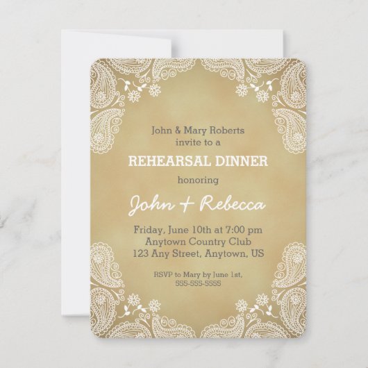 Rustic Rehearsal Dinner Invite, White Paisley Kaart (Voorkant)
