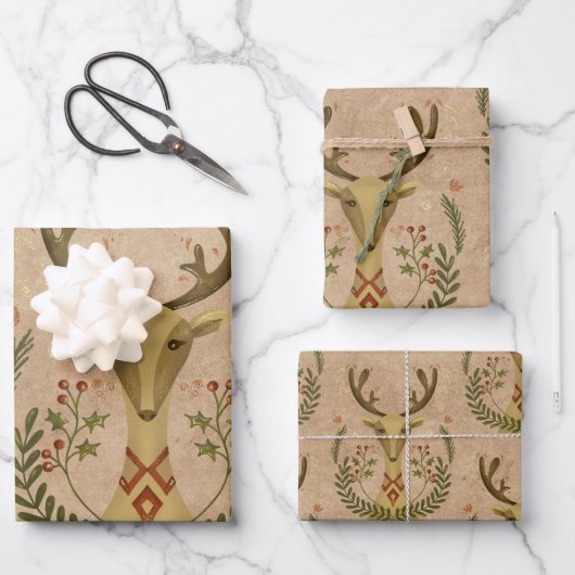 Rustic Reindeer Folk Art  Inpakpapier Vel (Voorkant)