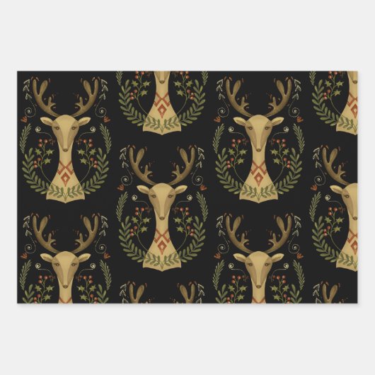 Rustic Reindeer Folk Art omslagpapier Sh Inpakpapier Vel (Voorkant 2)