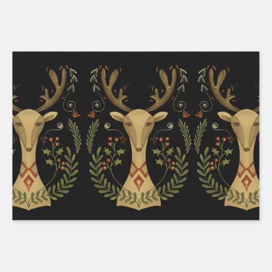 Rustic Reindeer Folk Art  omslagpapier Sh Inpakpapier Vel (Voorkant)