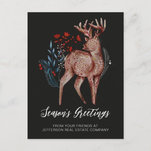 Rustic Reindeer Wreath Nordic Folk Business Feestdagenkaart (Voorkant)