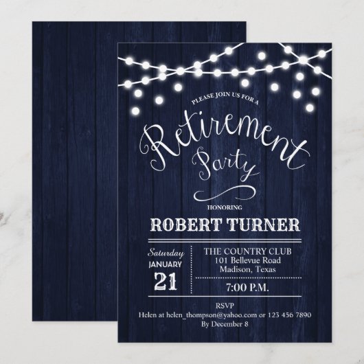 Rustic Retirement Party - Navy Wood Pattern Kaart (Voorkant / Achterkant)