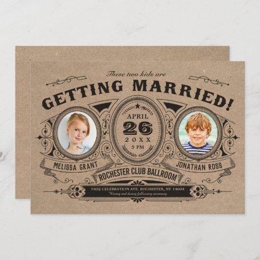 Rustic Retro Kinder Photo Wedding Invitations Kraf Kaart (Voorkant / Achterkant)