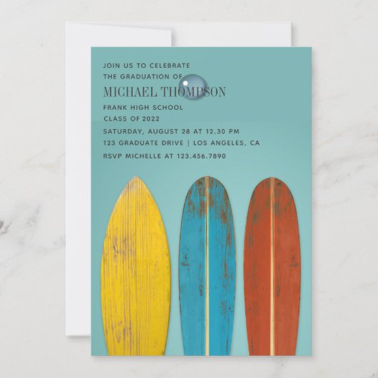 Rustic Retro Surfer met thema Afstuderen partij Kaart (Voorkant)